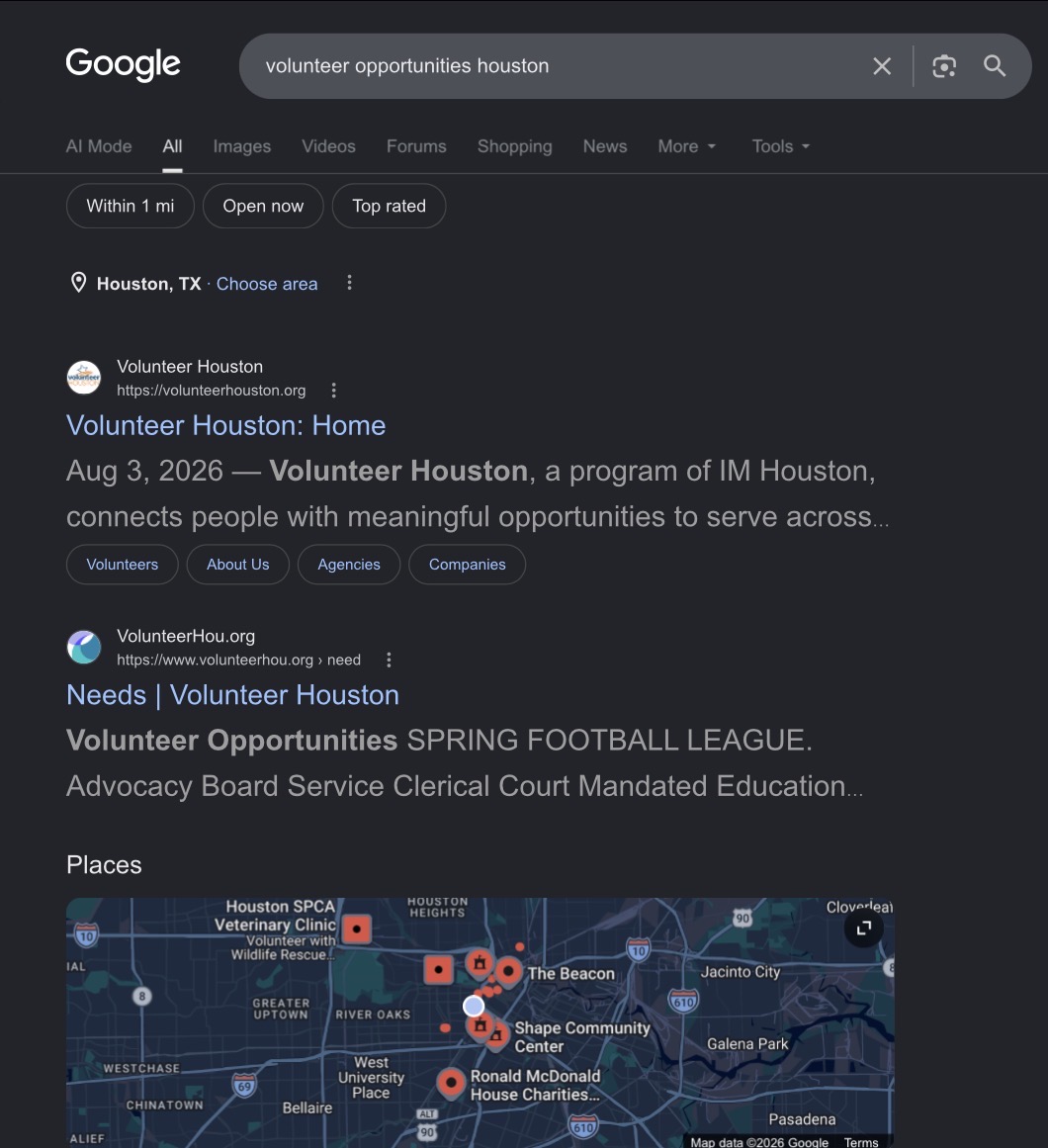 Google results showing Volunteer Houston and VolunteerHou.org at the top for volunteer opportunities Houston