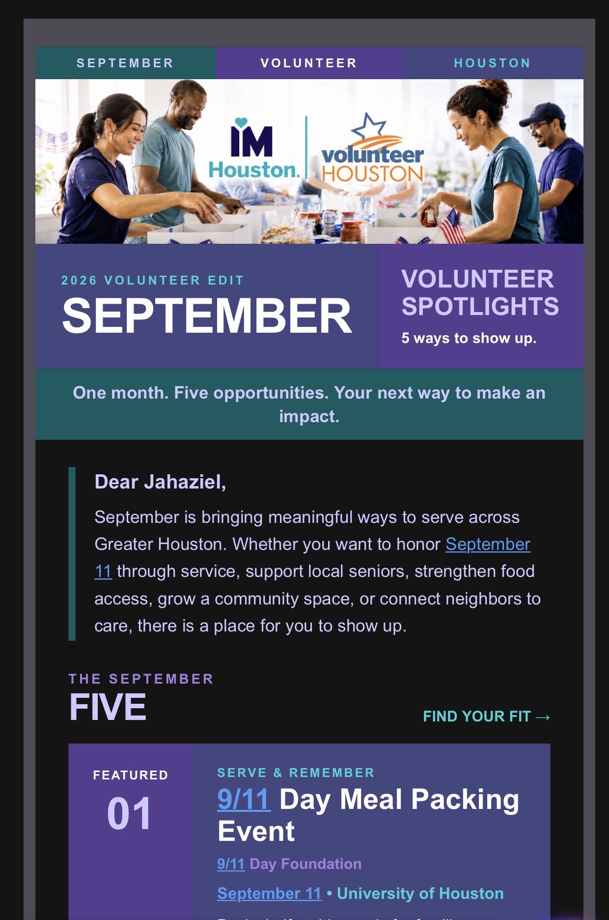 September Volunteer Spotlight responsive HTML email designed by Jahaziel Romero